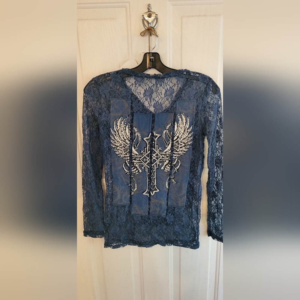 Blue Lace Long-Sleeve Blouse with Embellished Cross Detail